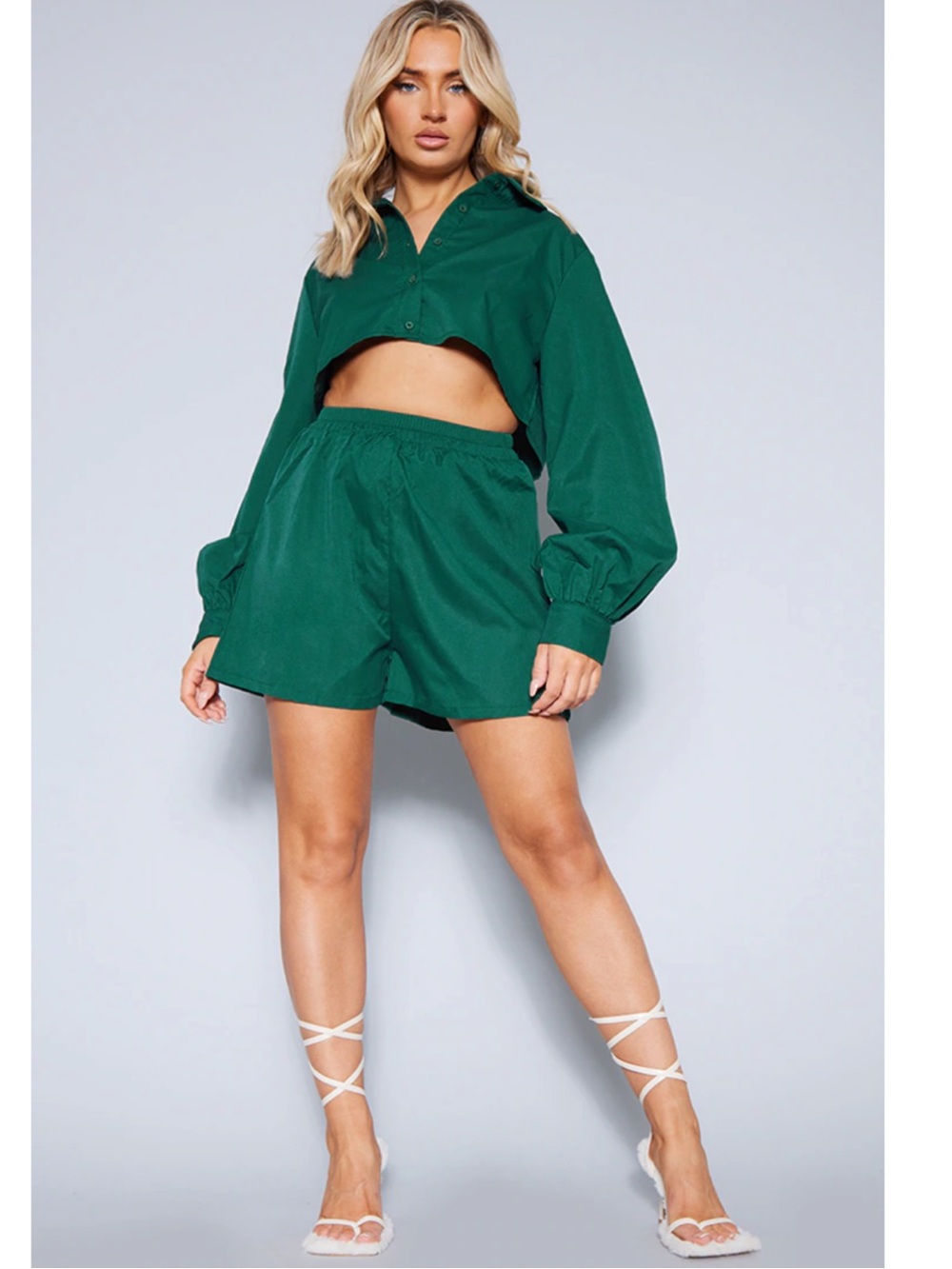 PrettyLittleThing Women's Emerald Green Oversized Cropped Shirt AND shorts